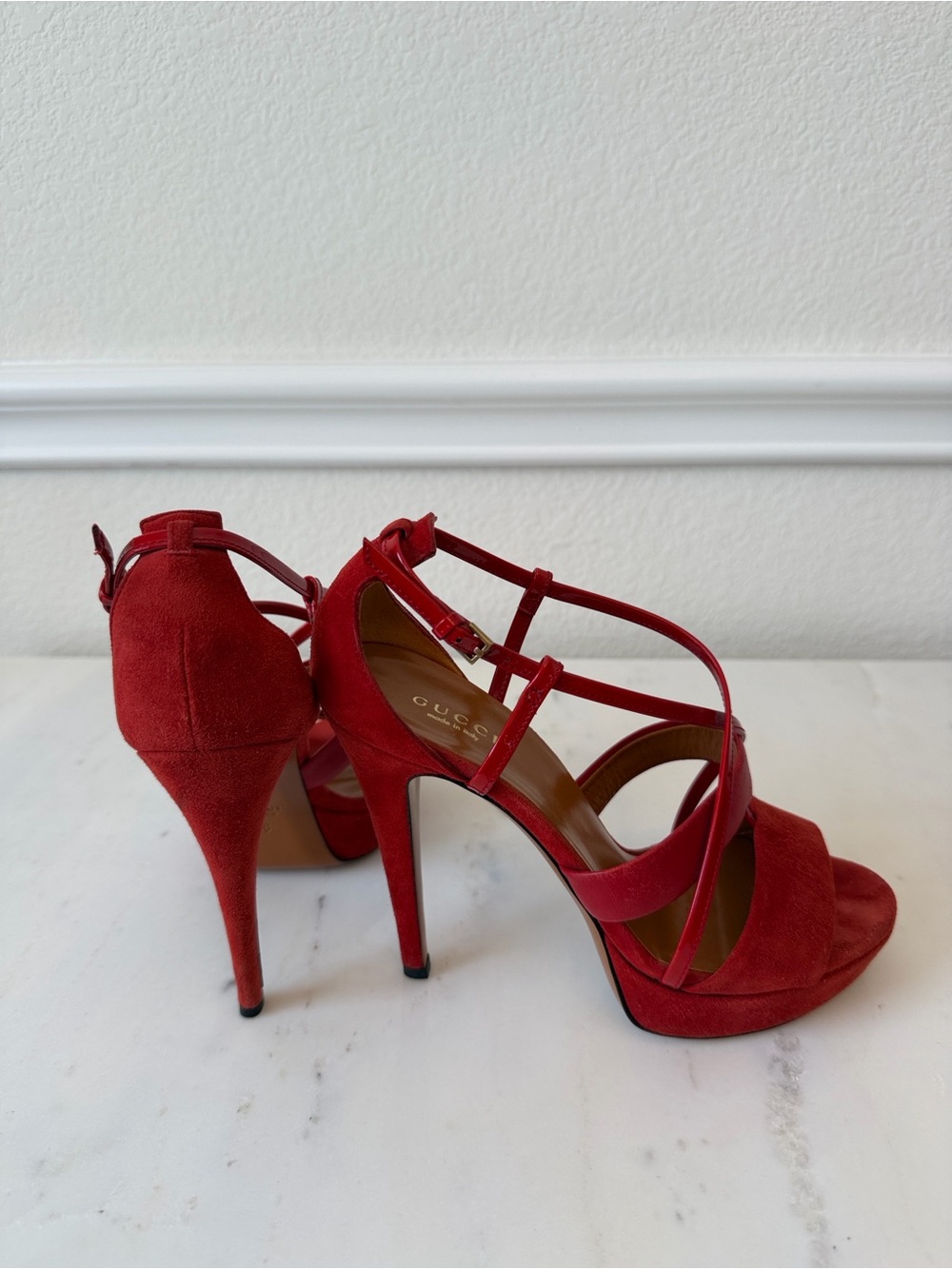Gucci Red Suede Strappy Platform Stilettos